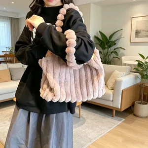 Stylish large capacity pink plush tote bag for autumn winter with pom-pom strap