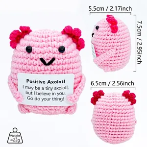Detailed view of a handmade pink crochet axolotl doll with an inspirational message.