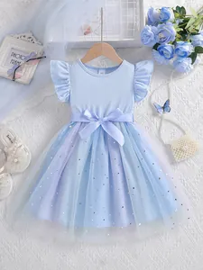 Light blue ribbed fly sleeve princess dress with shiny star sequins and bow for girls