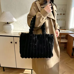 Large capacity black plush tote bag with ribbed texture faux fur handbag for women