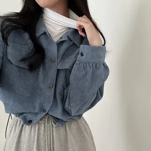 Korean style vintage blue corduroy cropped shirt with drawstring hem and snap buttons