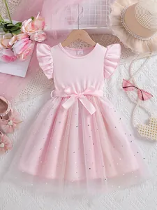 Elegant pink toddler girl princess dress featuring star sequin tulle and ruffled sleeves