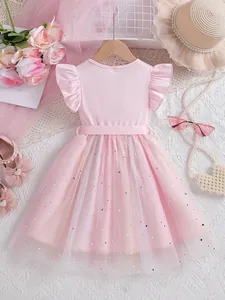 Elegant pink ribbed flutter sleeve princess dress with star sequin mesh skirt for girls