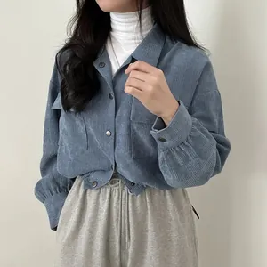 Vintage style chic blue corduroy cropped shirt jacket for women with long sleeves