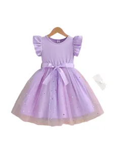 Elegant purple ruffled sleeve dress for girls with star sequins and mesh tutu skirt set