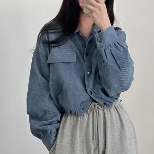 Vintage blue corduroy short shirt with drawstring waist and long sleeves