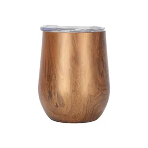 12oz double-walled stainless steel tumbler wine cup with realistic wood grain finish