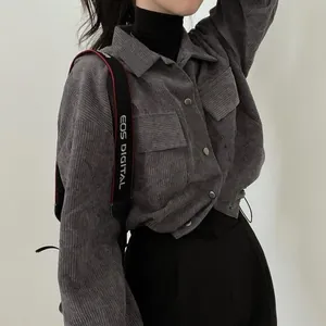 Korean Chic Retro Corduroy Long Sleeve Shirt Jacket For Women Loose Drawstring Hem Short Lapel Solid Color Polyester Top