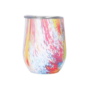 12oz colorful splash paint insulated stainless steel egg-shaped wine tumbler with lid