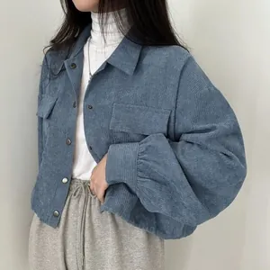 Giacca corta in velluto a coste blu stile retrò minimalista con design a colletto rovesciato