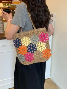 Hand-woven hollow floral tote bag for women, large capacity shoulder bag for shopping