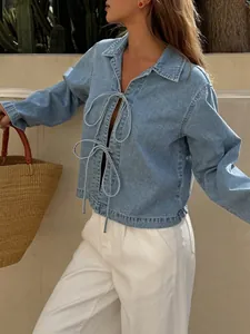 French style light blue denim top with front bow tie-up details for women lifestyle