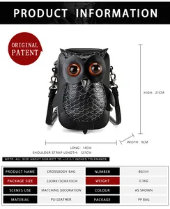 Detailed specification view of a punk owl crossbody bag with product dimensions