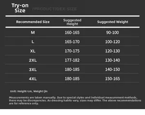 Size recommendation chart for spring and autumn hooded jacket from M to 4XL sizes