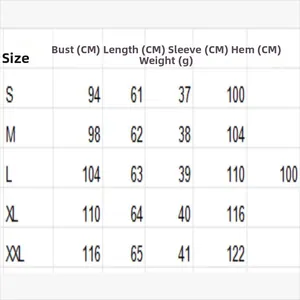 Detailed size chart for women's autumn blouse with 3/4 sleeve measurements guide