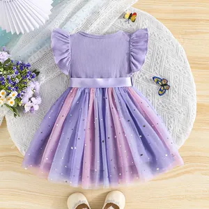 Elegant purple princess dress for girls with star and moon sequined tulle skirt and belt
