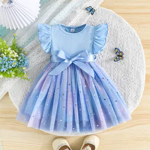 Elegant light blue baby girl princess dress with star mesh skirt and ribbon belt