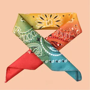 Detailansicht eines Bandana-Halstuchs mit buntem Paisley-Muster und Farbverlauf.