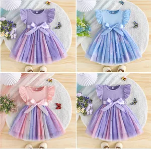 Toddler Girls Princess Dress Elegant Mesh Sequin Star Moon Pattern Sleeveless Gradient Party Gown With Bow Belt Summer Clothing