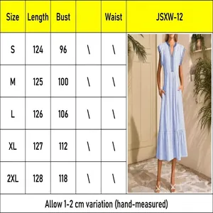 Size chart and model view for this blue striped V-neck dress with ruffled cuffs