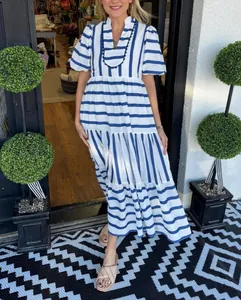 Blue and white striped tiered maxi dress with V-neck and puff sleeves for summer fashion