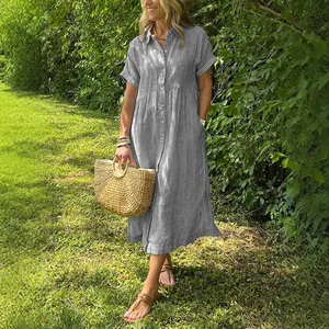 Elegantes gestreiftes Kurzarm-Leinen-Hemdkleid in Midilänge für den sommerlichen Look