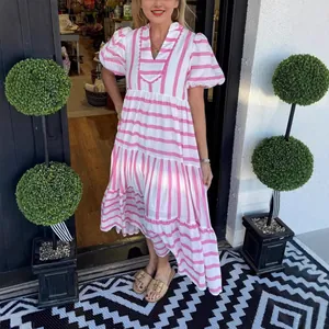 Women Casual V-Neck Striped Tiered Maxi Dress Summer Short Puff Sleeve Patchwork Long Polyester Holiday Fashion Dress