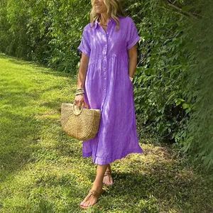 Damen Sommer gestreiftes Kurzarm-Hemdkleid in Lila, lässiges Midikleid für draußen.