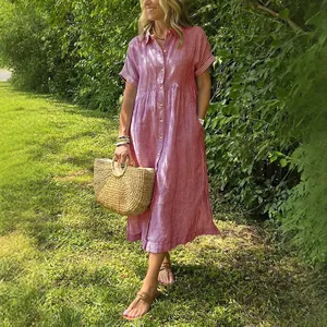 Lässiges rot-weiß gestreiftes kurzärmeliges Midi-Hemdblusenkleid für den Sommer