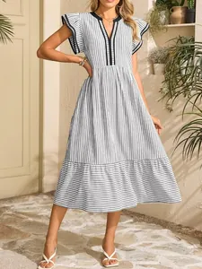 Detailed full-length view of women's striped V-neck dress with double ruffled sleeves