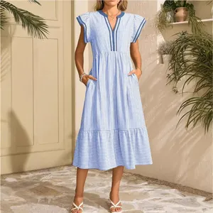 Women Striped Tiered Maxi Dress V-Neck Contrast Ruffle Short Sleeve A-Line Polyester Splicing Casual Summer Beach Sundress