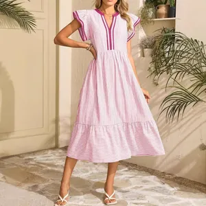 Fashionable pink and white striped V-neck dress with ruffle sleeves and contrast trim