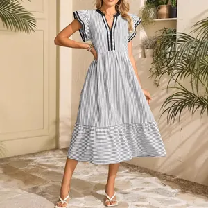 Elegant vertical striped dress with contrast V-neck and double ruffle sleeves for women