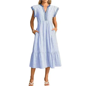 Women's blue and white vertical striped V-neck midi dress with ruffles and pockets