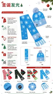 Detailed infographic of Christmas LED light up knitted hat and scarf set with sizes