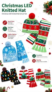Christmas LED knitted hat and scarf set with dimensions for holiday parties.