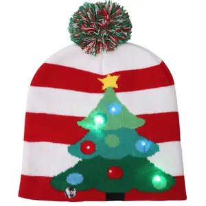 Festive Christmas red and white striped knitted beanie hat with glowing LED lights