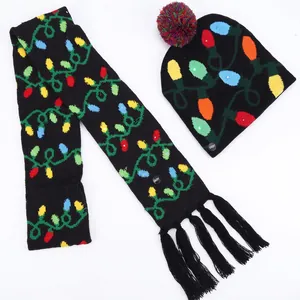 Christmas knitted beanie hat and tassel scarf set with colorful light bulb pattern