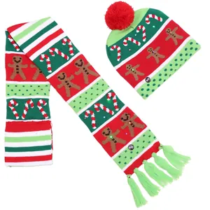 Knit Christmas hat and scarf set with gingerbread man pattern