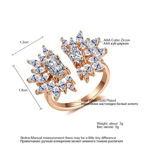 Close-up detail of a rose gold open ring featuring AAA cubic zirconia and dimensions