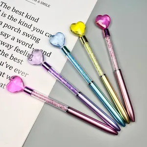 Creative Heart Top Crystal Filled Ballpoint Pen Rotary Plastic Metal Look Stationery For Office School Students Women Kids Gift