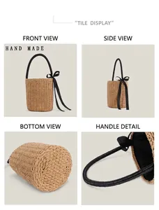Comprehensive detailed views of a summer straw bucket bag with black handle and ribbon.