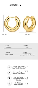 Detail of 0.66 inch gold hoop earrings with hypoallergenic steel pins and gold plating.