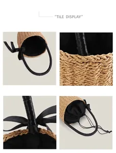 Detailed views showing the texture and black ribbon of a straw bucket handbag for summer