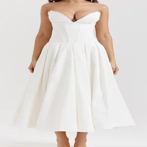Elegant white strapless corset midi dress featuring a pleated waist and full A-line skirt