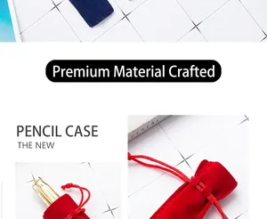 Detailed macro view of red and blue thick velvet drawstring pencil case gift pouches