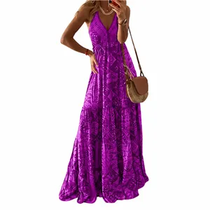 Size chart for bohemian floral print V-neck suspender maxi dress showing measurements S-5XL