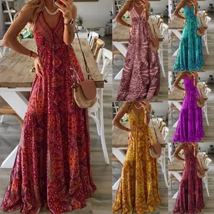 Bohemian V-neck floral print maxi dress in multiple colors with high waist design