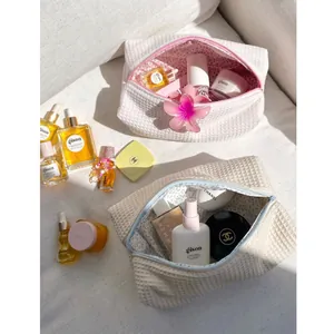 Large waffle texture makeup bags for women's travel toiletries with secure zippers