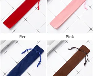 Details of thick velvet drawstring pen pouches in red, pink, blue, and brown.